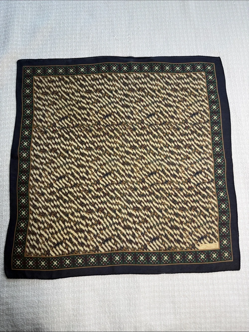 Oscar de la Renta OscarII square silk scarf navy blue, green, red, gold, & ivory